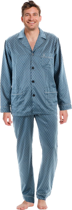 Robson Heren pyjama Satijn - Blue - Knoopsluiting - 56 - Blauw