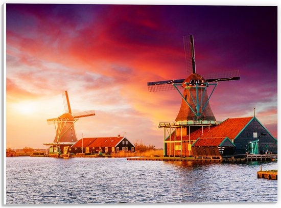 PVC Schuimplaat- Nederlandse Windmolens aan het Water onder Paars met Oranje Lucht - 40x30 cm Foto op PVC Schuimplaat
