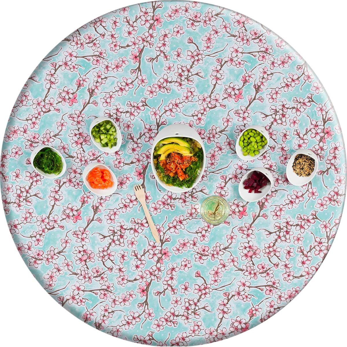 Mexicaans Rond Tafelzeil - Ø 120 cm - Kersenbloesem - Mintgroen
