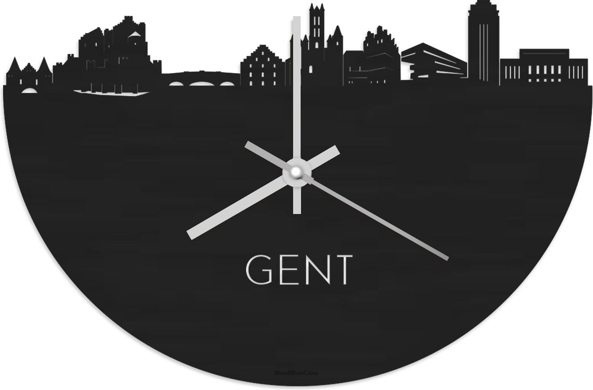 Skyline Klok Gent Zwart hout - Ø 40 cm - Stil uurwerk - Wanddecoratie - Meer steden beschikbaar - Woonkamer idee - Woondecoratie - City Art - Steden kunst - Cadeau voor hem - Cadeau voor haar - Jubileum - Trouwerij - Housewarming - WoodWideCities