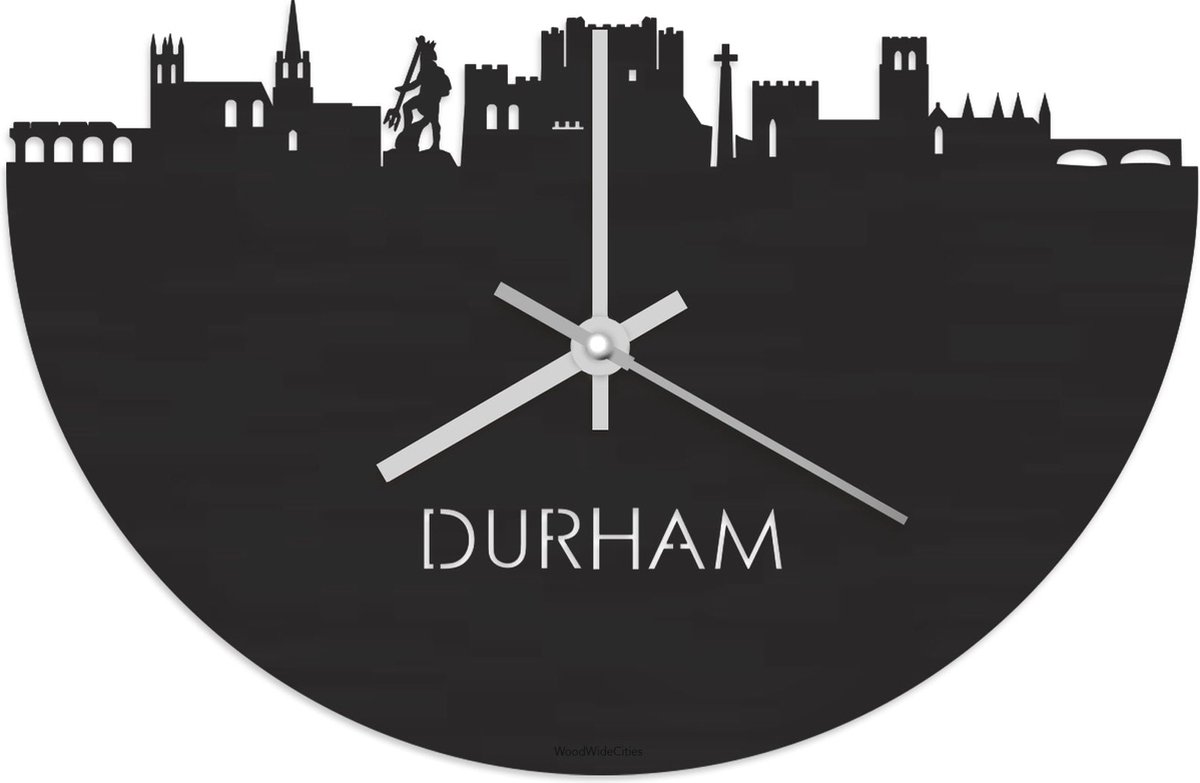 Skyline Klok Durham Zwart hout - Ø 40 cm - Stil uurwerk - Wanddecoratie - Meer steden beschikbaar - Woonkamer idee - Woondecoratie - City Art - Steden kunst - Cadeau voor hem - Cadeau voor haar - Jubileum - Trouwerij - Housewarming - WoodWideCities