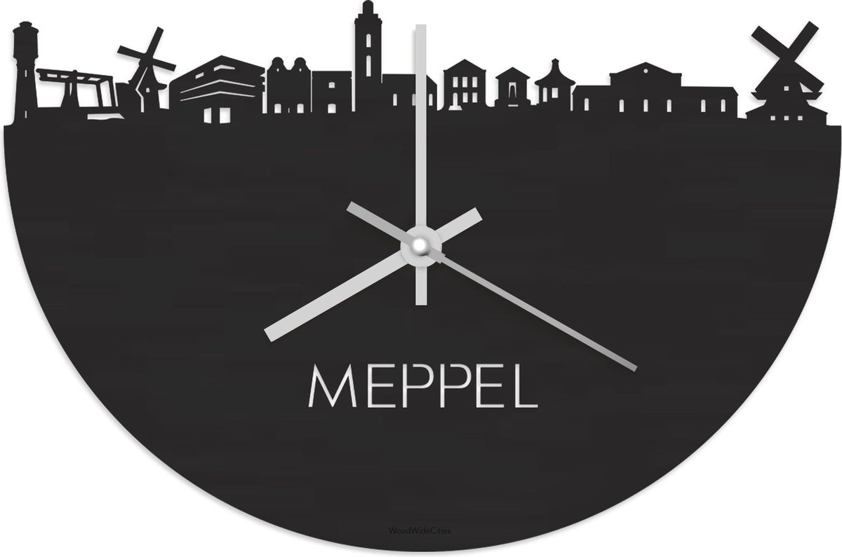 Skyline Klok Meppel Zwart hout - Ø 40 cm - Stil uurwerk - Wanddecoratie - Meer steden beschikbaar - Woonkamer idee - Woondecoratie - City Art - Steden kunst - Cadeau voor hem - Cadeau voor haar - Jubileum - Trouwerij - Housewarming - WoodWideCities