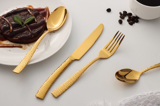 Ménagère - Couverts Or Martelé -24 Pièces-Qualité Suisse- Set Complet -100% Acier Inoxydable- Or Martelé 24k- Or 24K