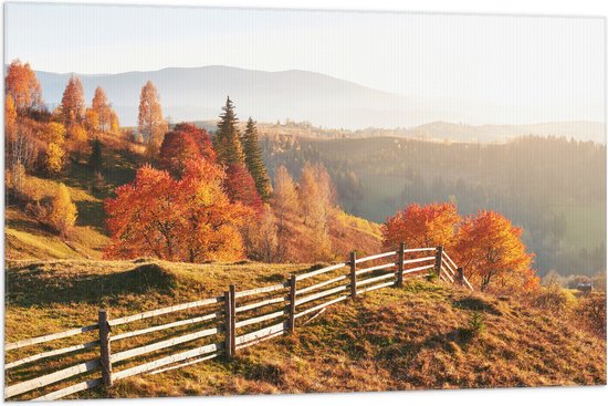 Vlag - Hek langs Herfstbomen in Berglandschap - 105x70 cm Foto op Polyester Vlag