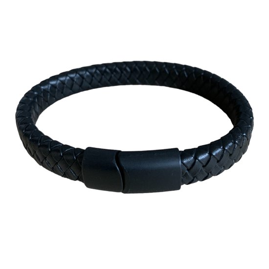 Armband - zwart - gevlochten leer - mat zwart metalen schuifslot met magneet - 23 cm