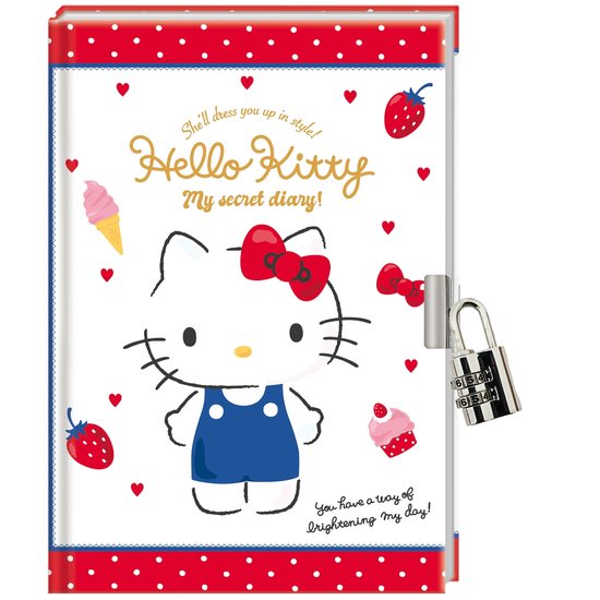 Dagboek met cijferslot, rode kaft met witte stippen. Hello Kitty met blauwe overall en strik.
