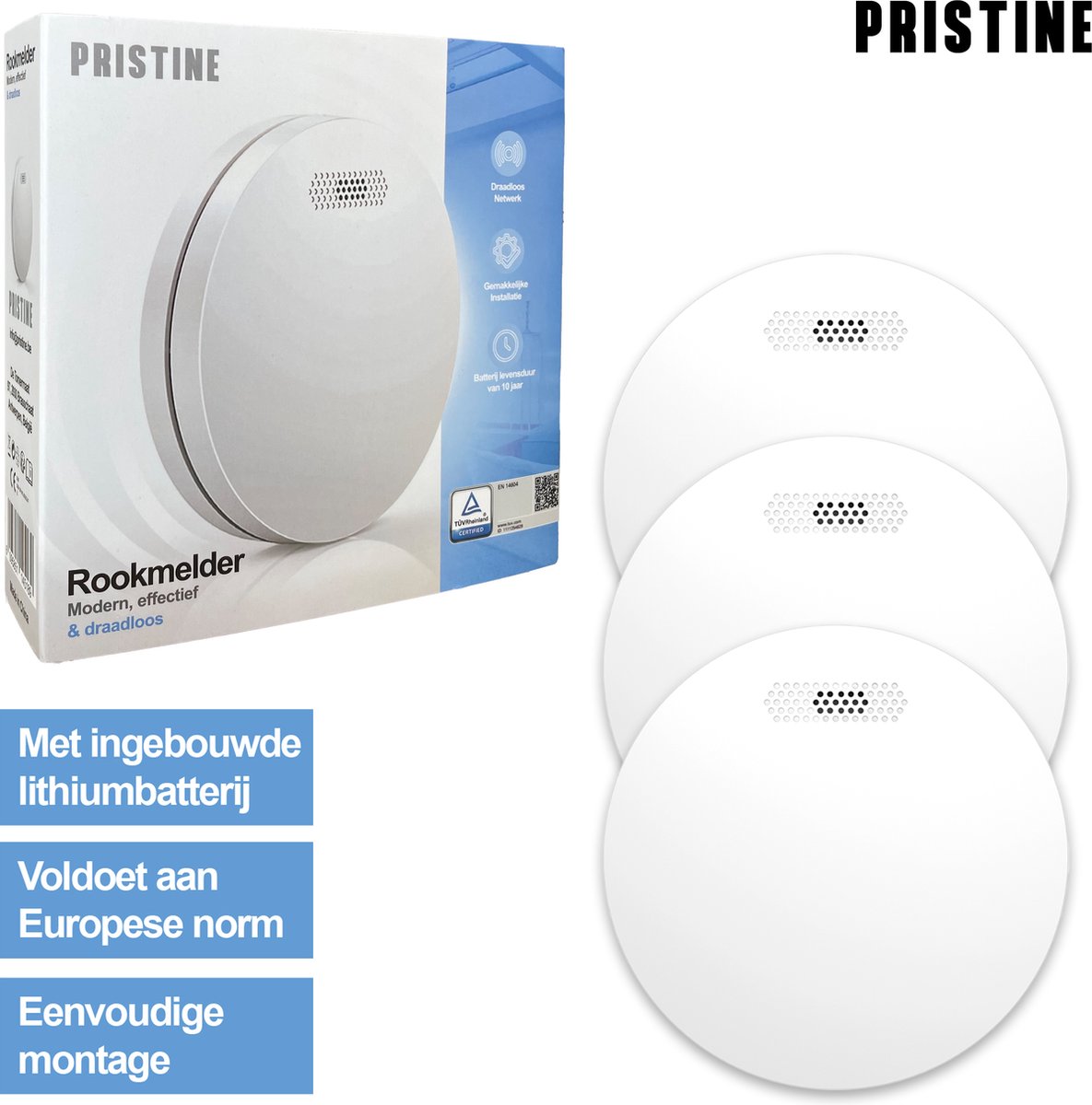 PRISTINE - 3 PACK - Slimme Rookmelders met 10 Jaar Batterij en Magneet Montage - Rookmelder Koppelbaar - WiFi - 10 jaar batterij - Voldoet aan Europese norm EN14604