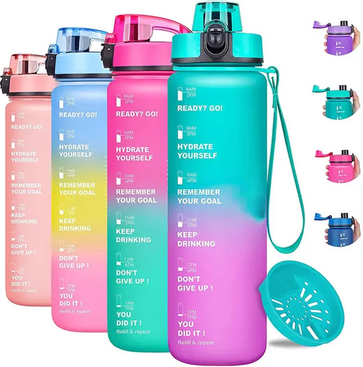 Splash® - Luxe drinkfles - Motivatie Waterfles - Water Bottle - Waterfles 1 Liter - Bidon- Motivatie drinkfles - Tijdmarkering - Fruitfilter- Paars/Blauw - Inc Ebook