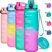 Splash® - Luxe drinkfles - Motivatie Waterfles - Water Bottle - Waterfles 1 Liter - Bidon- Motivatie drinkfles - Tijdmarkering - Fruitfilter- Paars/Blauw - Inc. KOOK E-BOOK!