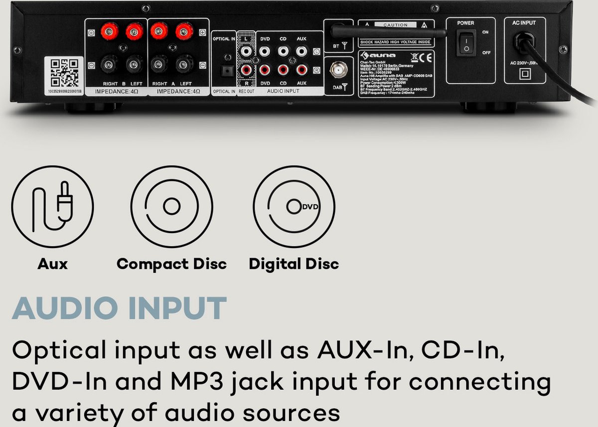 auna AV2-CD608BT amplificateur HiFi Stéréo 4 x 100 W RMS BT Dig