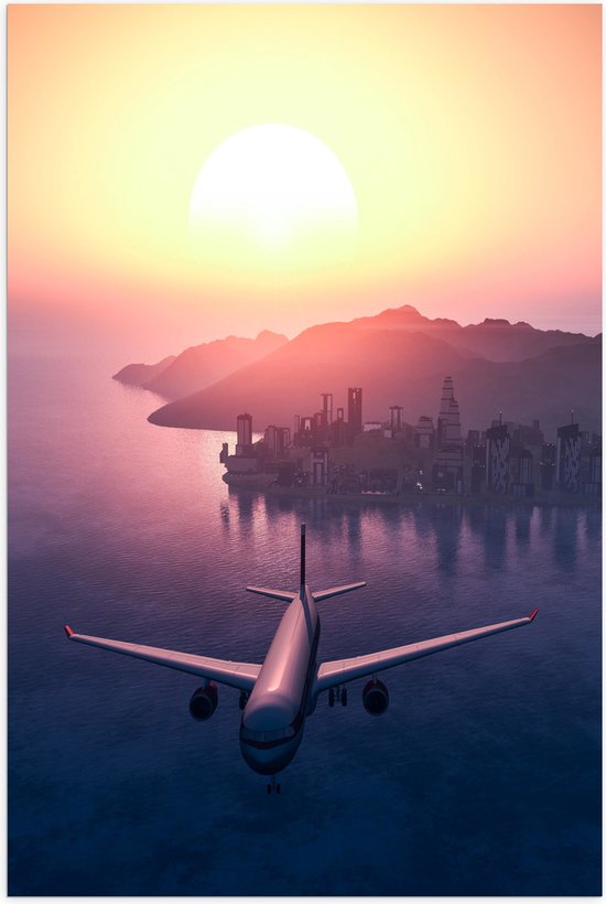 WallClassics - Poster (Mat) - Vliegtuig met Zonsondergang boven de Zee - 50x75 cm Foto op Posterpapier met een Matte look