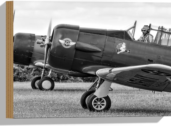 WallClassics - Hout - Piloot in Stuntvliegtuig in het zwart-wit - 40x30 cm - 9 mm dik - Foto op Hout (Met Ophangsysteem)