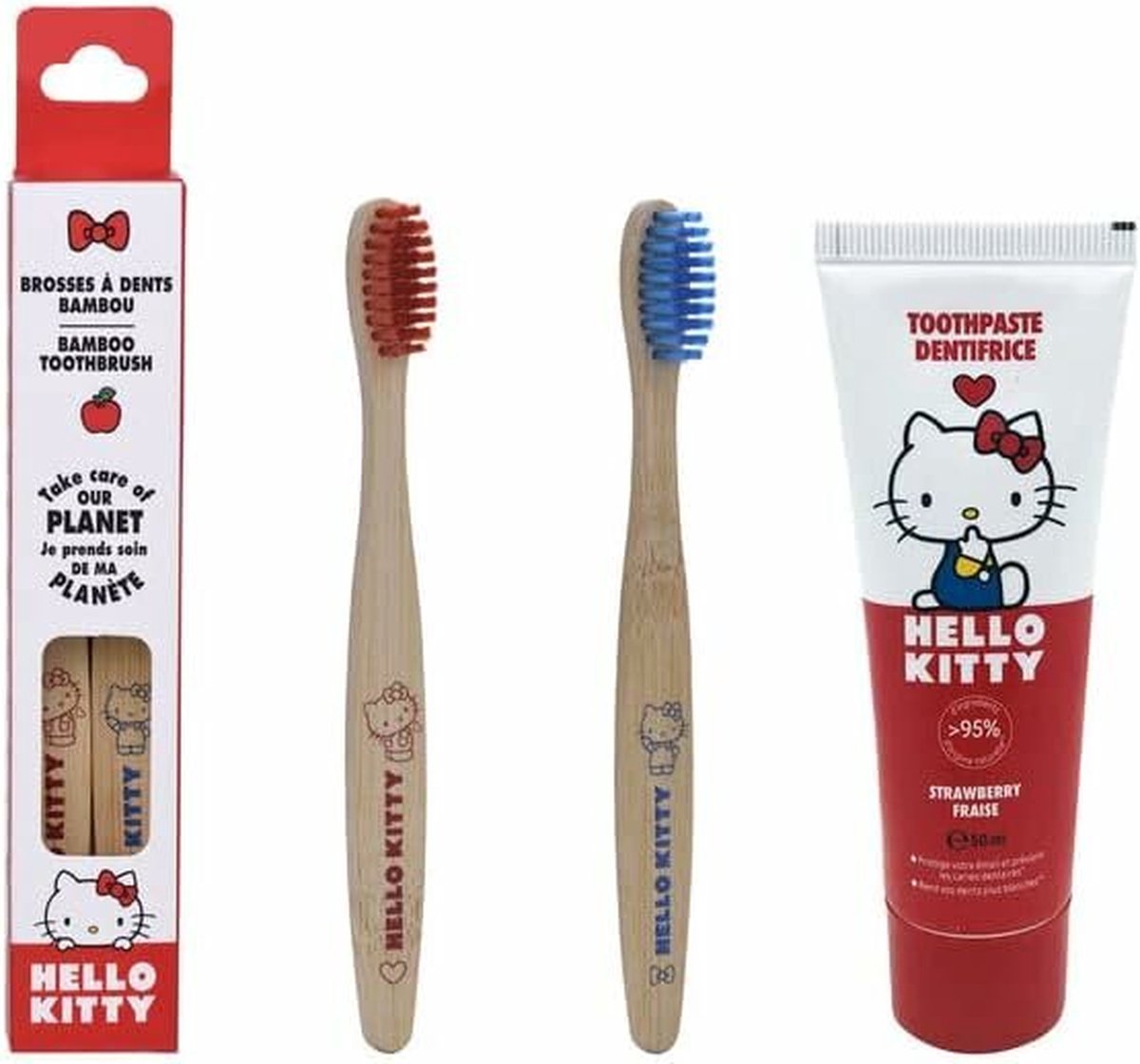 Hello Kitty Set Bamboe Tandenborstel 2 stuks + Tandpasta 50 ml - Officieel gelicentieerd - Voordeelpakket - Milieuvriendelijk - Duurzaam