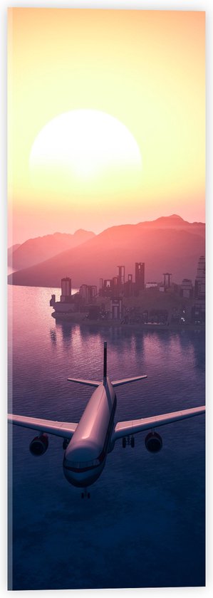 WallClassics - Acrylglas - Vliegtuig met Zonsondergang boven de Zee - 20x60 cm Foto op Acrylglas (Met Ophangsysteem)
