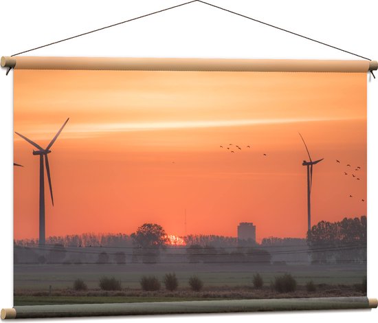 Textielposter - Zonsondergang bij Windmolens in het Veld - 90x60 cm Foto op Textiel