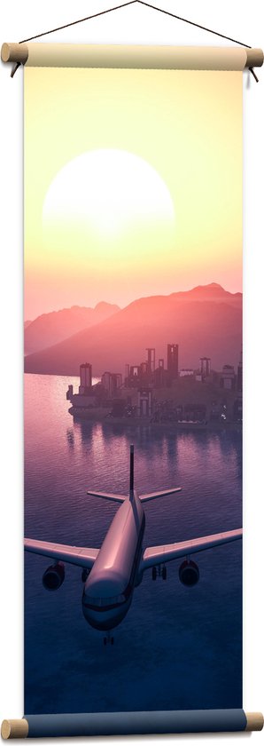 WallClassics - Textielposter - Vliegtuig met Zonsondergang boven de Zee - 30x90 cm Foto op Textiel