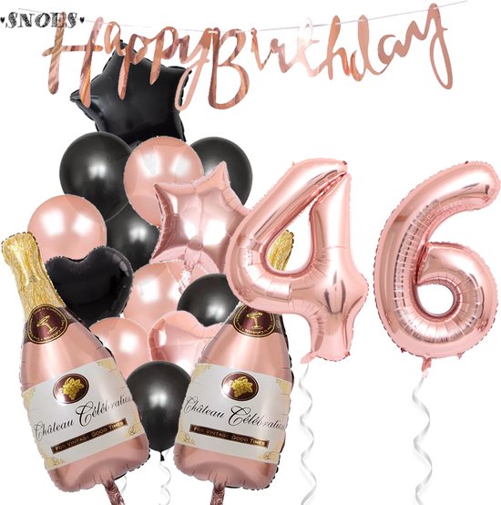 46 Jaar Verjaardag Cijferballon 46 - Feestpakket Snoes Ballonnen Pop The Bottles - Rose Zwart Versiering