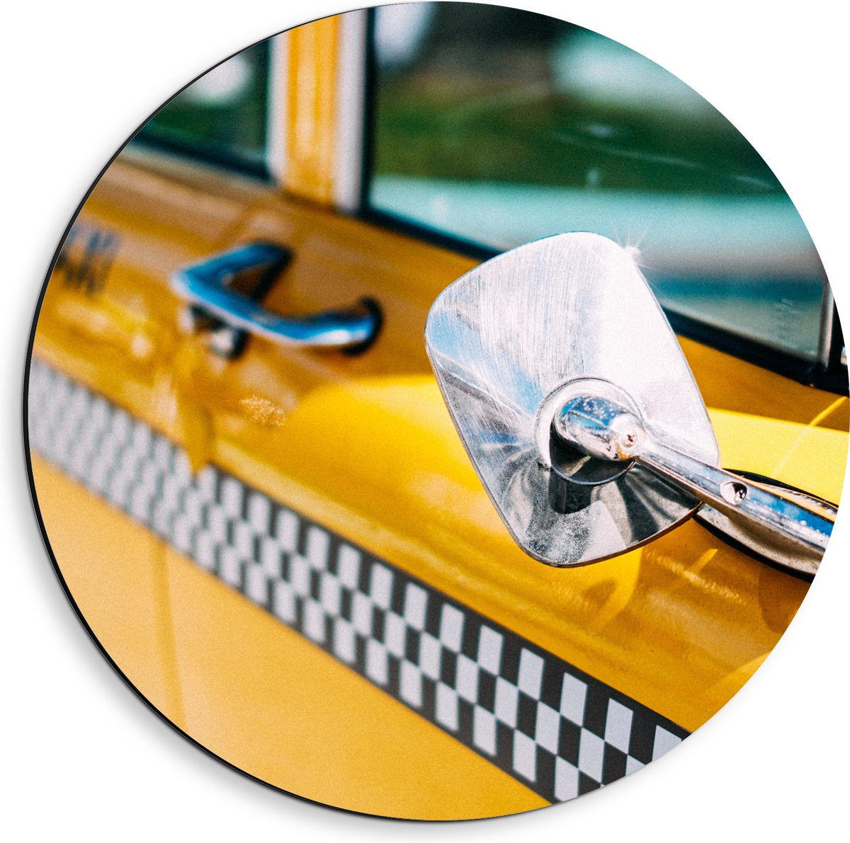 Dibond Muurcirkel - Close-up van Spiegel aan Gele Schoolbus - 40x40 cm Foto op Aluminium M
