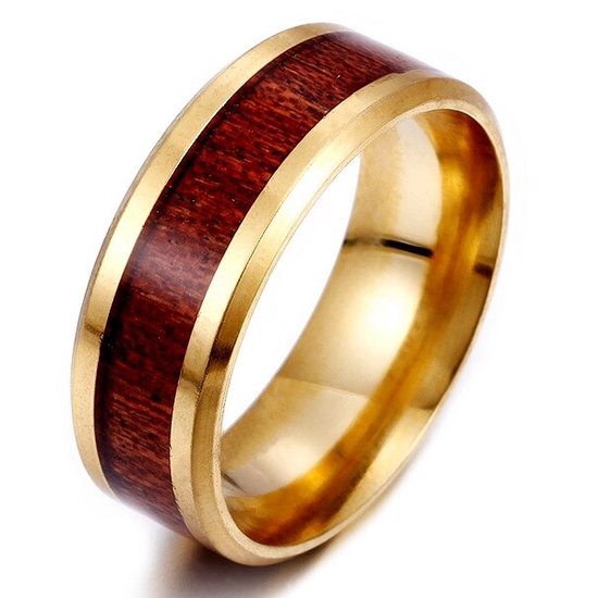 Heren Ring Goud kleurig ingelegd met Hout - Ringen Mannen Dames - Staal - Cadeau voor Man - Mannen Cadeautjes