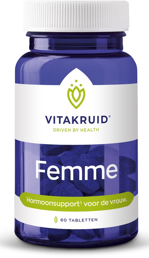 Blauwe pot met Vitakruid Femme tabletten, hormoonsupport voor de vrouw.