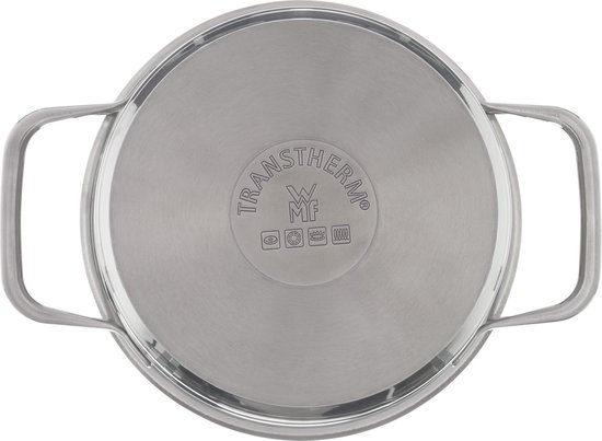 Ondaanzicht van een RVS pan met twee handvatten en een ronde bodem met het 'TRANSTHERM' logo.