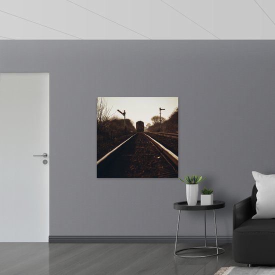 WallClassics - Poster Glossy – Train Coming on Rails at Bare Arbres - 100x100 cm Photo sur Papier Poster avec Finition Brillante