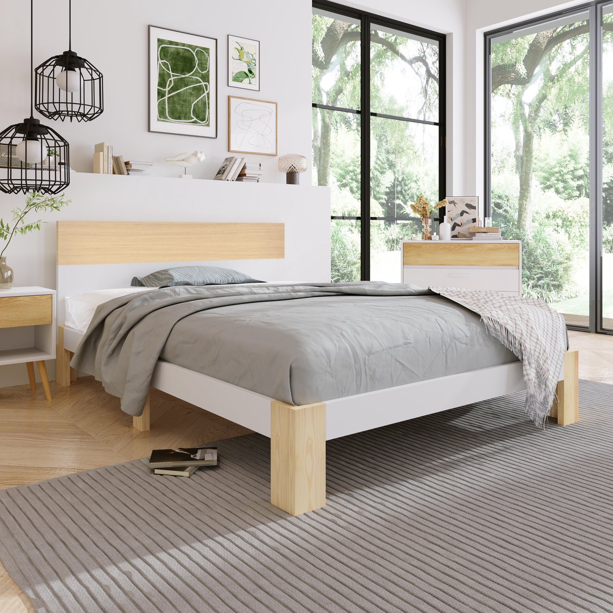 Houten bed tweepersoonsbed met hoofdeinde -Natuurlijk houten bed met lattenbodem-90x200 cm -Natuurlijk&Wit Klassieke landelijke stijl