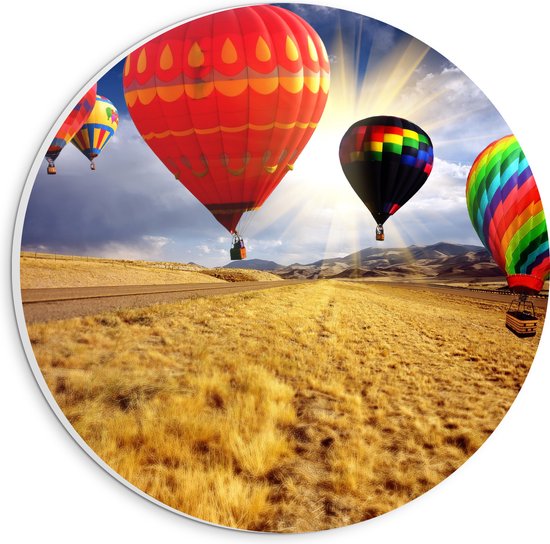 WallClassics - PVC Schuimplaat Muurcirkel - Groep Luchtballonnen in Verschillende Kleuren boven Droog Landschap - 20x20 cm Foto op Muurcirkel (met ophangsysteem)