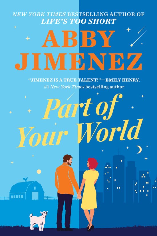 Couverture de livre avec un couple se tenant la main au premier plan, une ferme à gauche et une ligne d'horizon de ville à droite. Titre "Part of Your World" par Abby Jimenez.