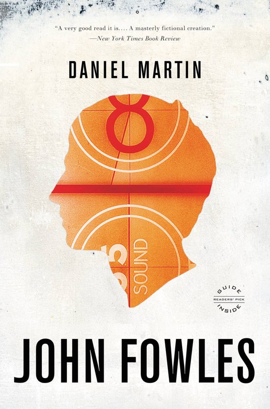 Boekcover van John Fowles' 'Daniel Martin' met een oranje profiel van een hoofd met cirkels en de tekst 'SOUND'.