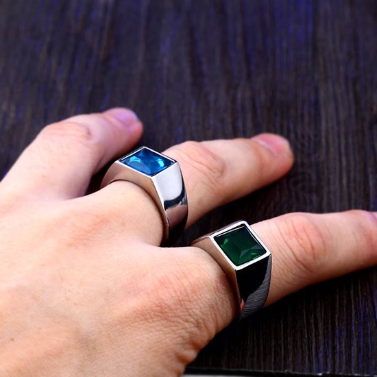 Zegelring Heren Zilver kleurig met Blauwe Steen - Staal - Ring Ringen - Cadeau voor Man - Mannen Cadeautjes - TrendFox