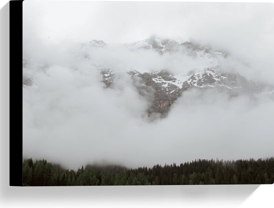 Canvas - Bos aan de Rand van Hoge Bergen in de Mist - 40x30 cm Foto op Canvas Schilderij (Wanddecoratie op Canvas)