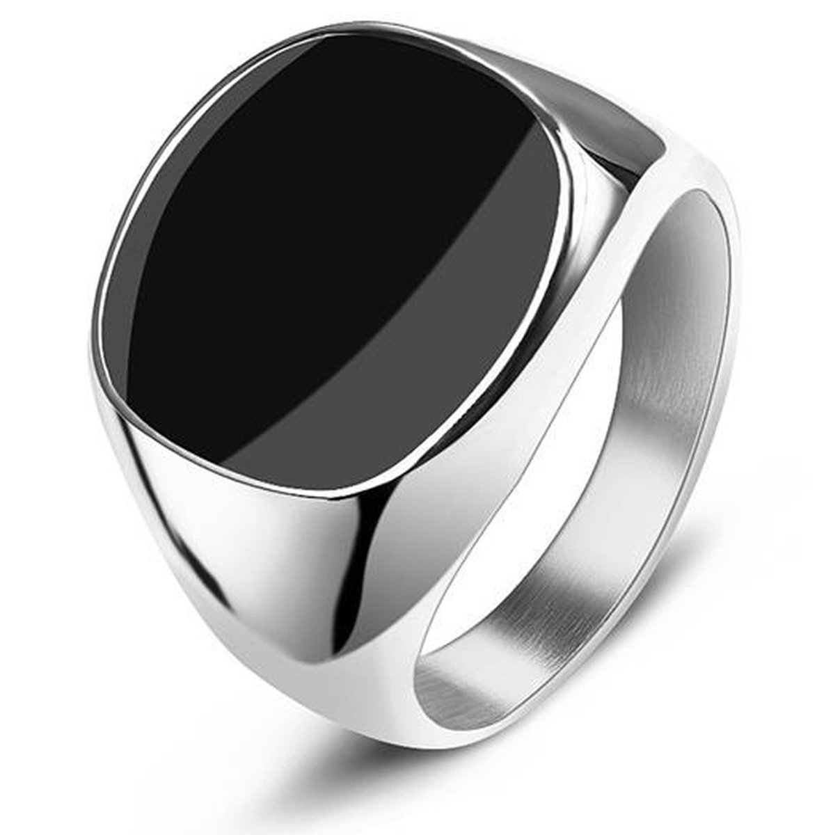 Zegelring Heren Zilver kleurig met Zwarte Steen - Staal - Ring Ringen Mannen - Papa Cadeau Voor Mannen - Vaderdag