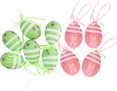 Décoration Oeufs de Pâques à suspendre - 12x pièces - vert/rose - styromousse - 6 cm