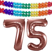 Folat folie ballonnen - Leeftijd cijfer 75 - brons - 86 cm - en 2x slingers