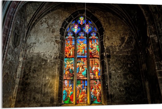 WallClassics - Acrylglas - Glas-in-lood Raam in de Notre-Dame Kerk - 120x80 cm Foto op Acrylglas (Met Ophangsysteem)