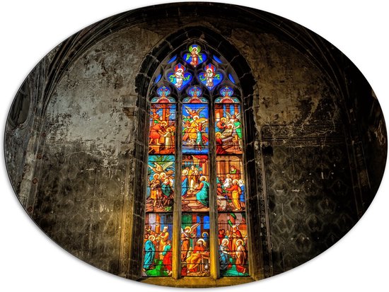 WallClassics - Dibond Ovale - Glas de l'église Notre-Dame - 108x81 cm Photo sur Ovale (Avec Système d'accrochage)