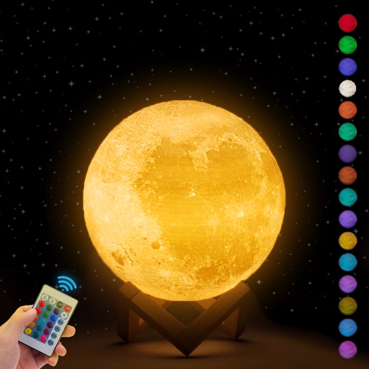 STARLYGHT Maanlamp 3D Tafellamp - 15cm Maan Lamp - Maan Lampje Babykamer - Nachtlampje Kinderen - USB oplaadbaar - 16 Dimbare LED Kleuren - Kerstdecoratie - Kerst Tafellamp - Afstandsbediening