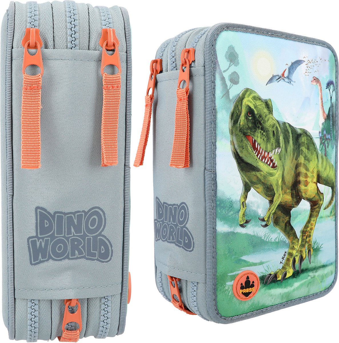 Depesche 13131 Dino World Galaxy - Gefüllte 3-Fach Federtasche, mit Dinosaurier Motiv und LED-Lichtern, Federmappe mit Buntstiften, Lineal, Schere uvm