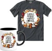 Life Begins After Coffee | Koffie - Coffee - Vintage - T-Shirt met mok - Unisex - Mouse Grey - Maat 3XL