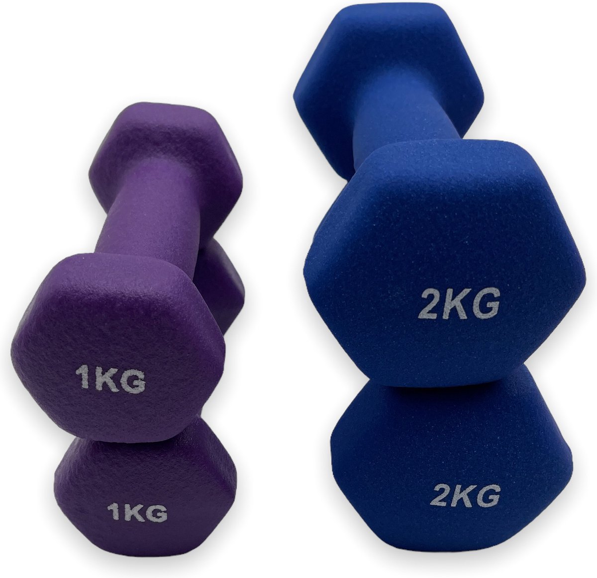 dumbells - Neopreen set 1 en 2 kg - dumbellset - paars en blauw - fitness gewicht