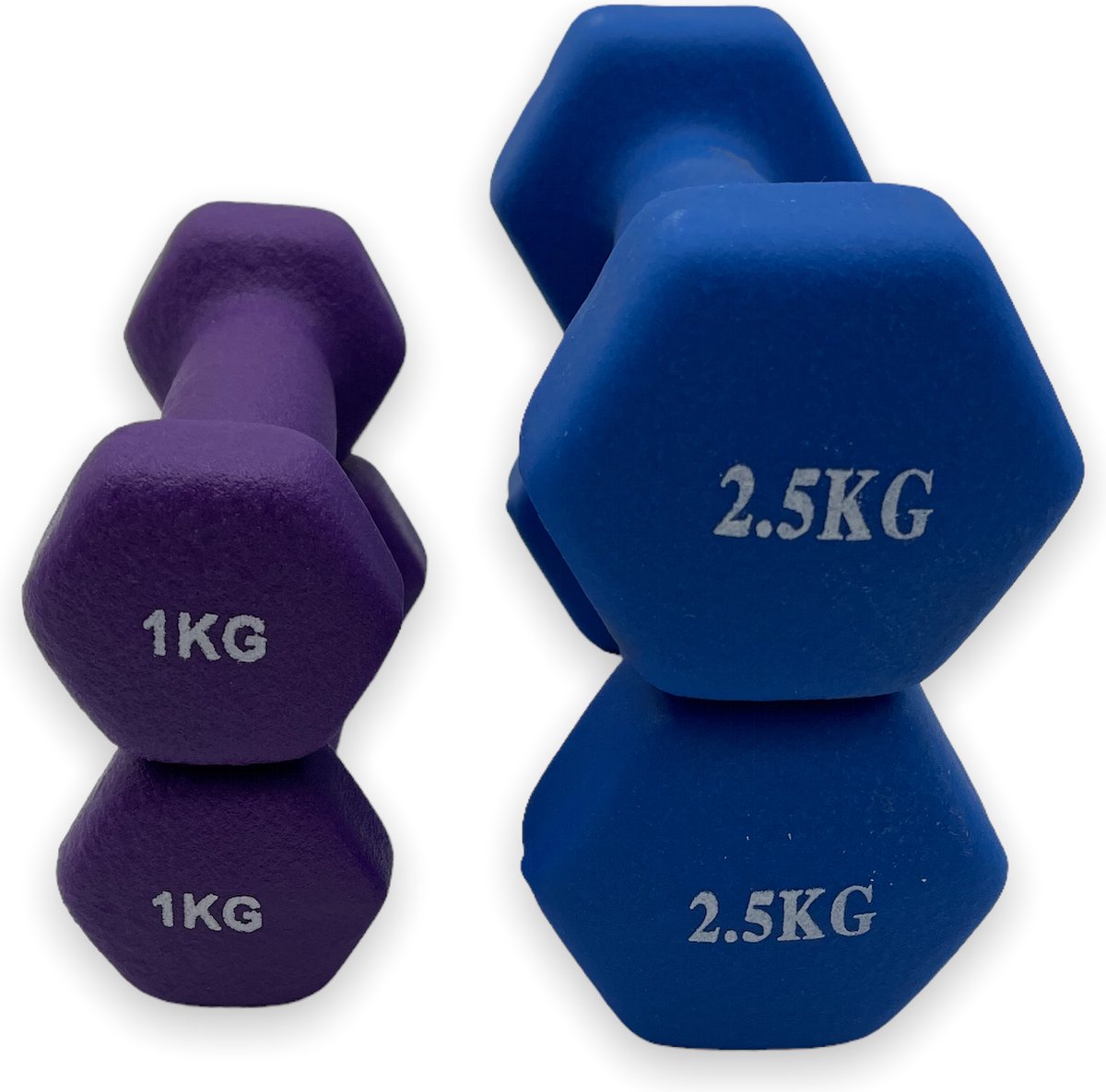 dumbells - Neopreen set 1 en 2,5 kg - dumbellset - blauw en paars - fitness gewicht - halters 1 kg - dumbells 2,5 kg