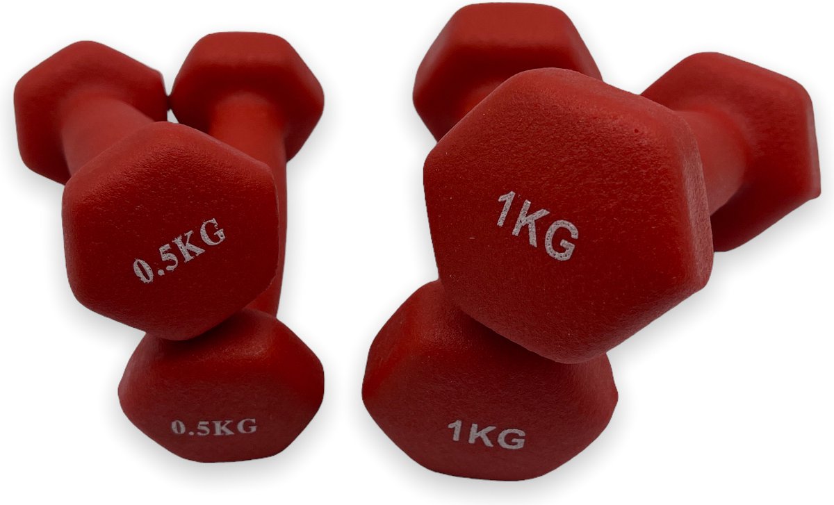 dumbells - Neopreen set 0,5 en 1 kg - dumbellset - fitness gewicht - rood - halters 1 kg - gewichtjes 1 kg