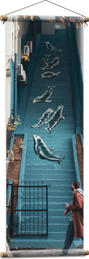 WallClassics - Textielposter - Beschilderde Trap met Zeehonden - 40x120 cm Foto op Textiel