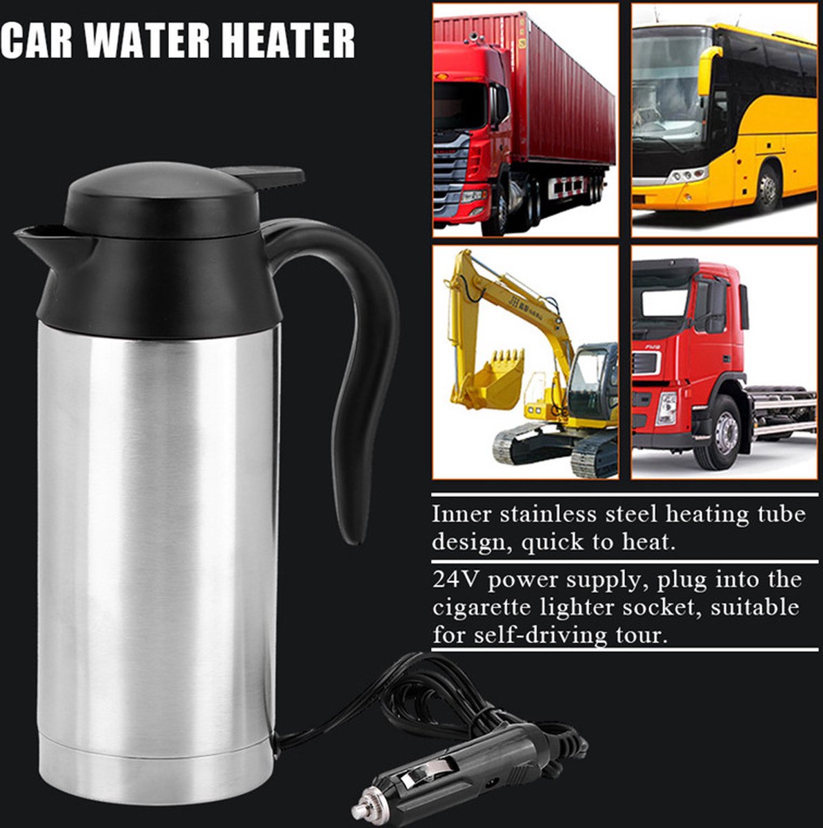 750 ml auto waterkoker roestvrij staal - sigarettenaansteker reiswaterkoker voor water en koffie-12V