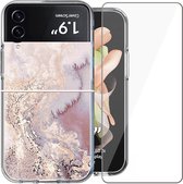 Samsung Flip 4 Hoesje - Samsung Galaxy Z Flip 4 Back Cover Siliconen Case Marmeren Hoes Roze + Screen Protector Gehard Glas Screenprotector