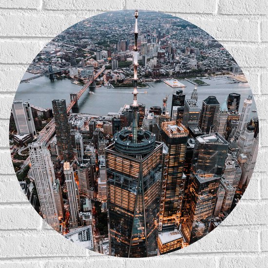 WallClassics - Muursticker Cirkel - De Stad vanuit de Lucht - New York - 70x70 cm Foto op Muursticker