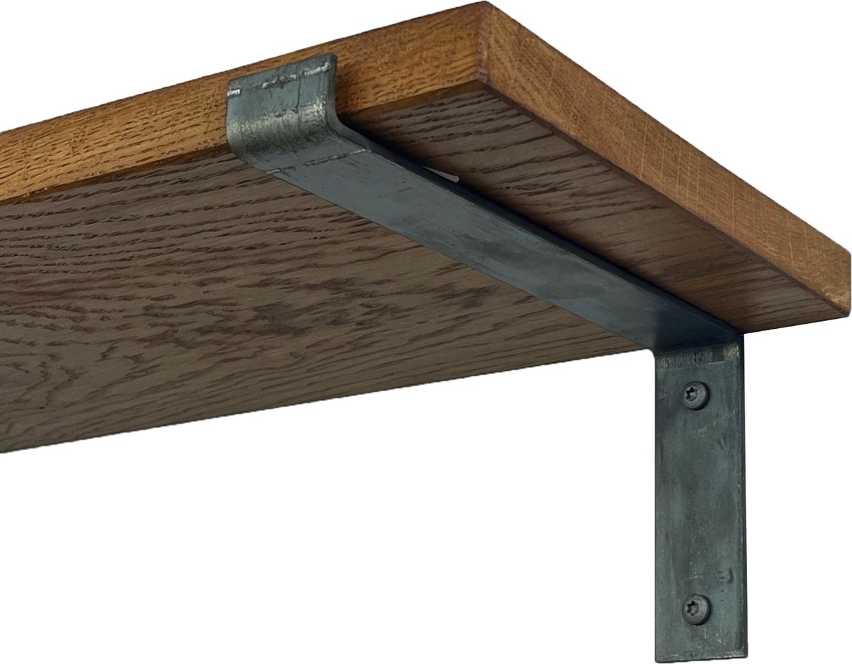 GoudmetHout Wandplank Industrieel - 120 x 25 cm Muurplank - Donker Eiken Hout - Decoratie Wandrek & Boekenrek - Hangplank Keuken - Wall Shelf + 2 Plankdragers van Ruw Staal Donker eiken - Zonder Coating 25 cm