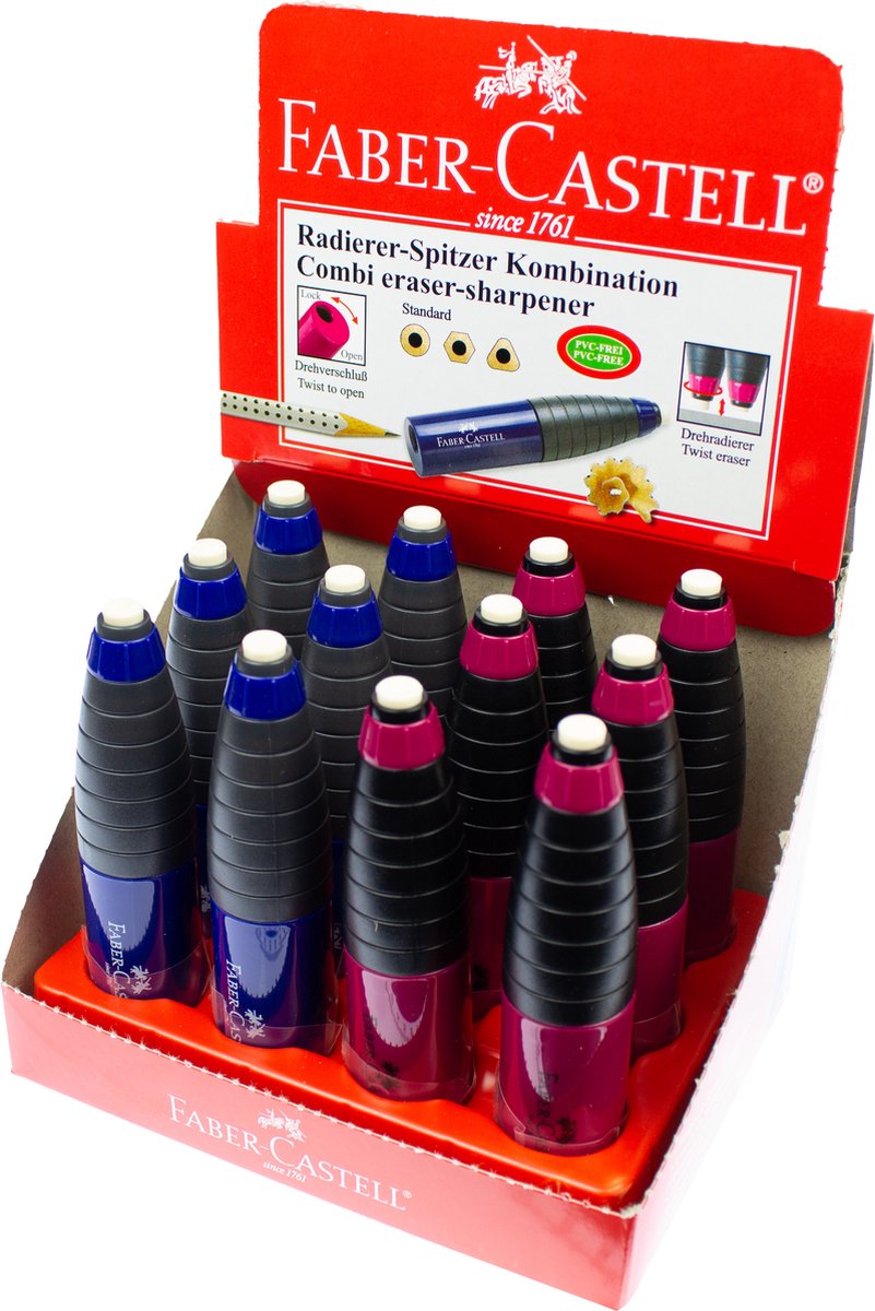 Faber-Castell puntenslijper+gum - rood/blauw - display - 12 stuks - fc-184401