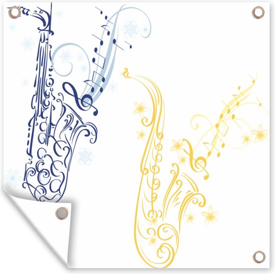 Tuinposters Illustratie van muzieknoten in de vorm van saxofoons - 50x50 cm - Tuindoek - Buitenposter